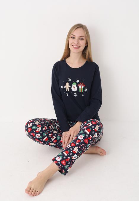 Pijama dama Craciun,maneca lunga si pantaloni lungi,imprimeu figurine festive, En-gros